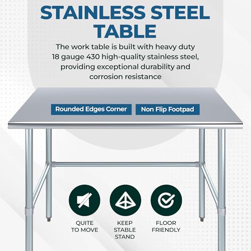 48" x 14" Open Base Stainless Steel Work Table – NSF Certified Narrow Commercial Utility Table with Galvanized Legs for Kitchens, Labs & Food Trucks - size: 48"x14"