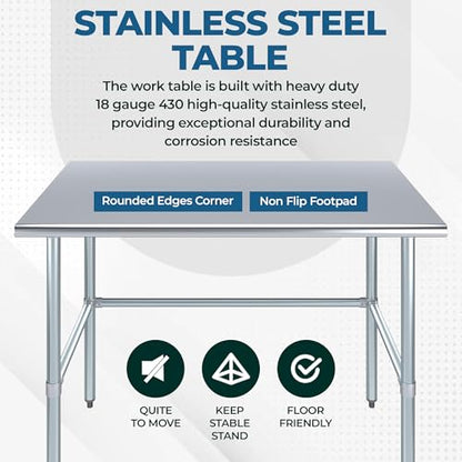 48" x 14" Open Base Stainless Steel Work Table – NSF Certified Narrow Commercial Utility Table with Galvanized Legs for Kitchens, Labs & Food Trucks - size: 48"x14"
