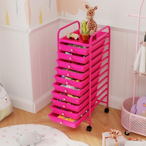 DREAMADE Rolling Cart with Storage Drawers, Utility Cart w/Removable Plastic Drawers, Lockable Wheels, Art Cart for Classroom Organization Art Supplies Office Scrapbook (10 Drawers, Hot Pink) - color: Hot Pink, style: 10 Drawers