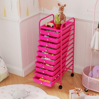DREAMADE Rolling Cart with Storage Drawers, Utility Cart w/Removable Plastic Drawers, Lockable Wheels, Art Cart for Classroom Organization Art Supplies Office Scrapbook (10 Drawers, Hot Pink) - color: Hot Pink, style: 10 Drawers