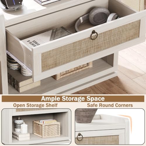 31" Wide Rattan Nightstand with Charging Station, End Side Table | Drawer & Open Shelf, Extra Large Night Stand, Farmhouse, Boho, Wood Bedside Table for Bedroom,Living Room,Office - color: White Cream Oak