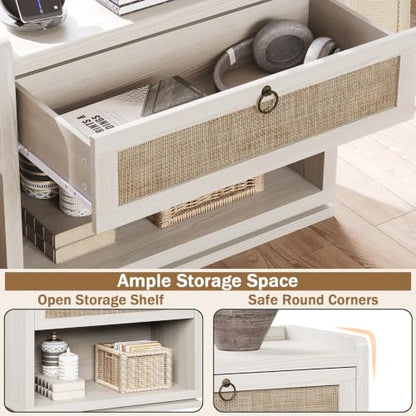 31" Wide Rattan Nightstand with Charging Station, End Side Table | Drawer & Open Shelf, Extra Large Night Stand, Farmhouse, Boho, Wood Bedside Table for Bedroom,Living Room,Office - color: White Cream Oak