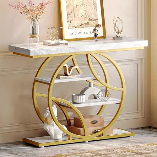Huuger 41.3 Inch Entryway Table with Marble Top, Modern Console Sofa Table, Accent Table with Shelves, for Entry, Hallway, Entrance, Foyer, O-Shaped Metal Frame, White Marble & Gold - color: Marble Gold, size: 11.8"D x 41.3"W x 31.5"H
