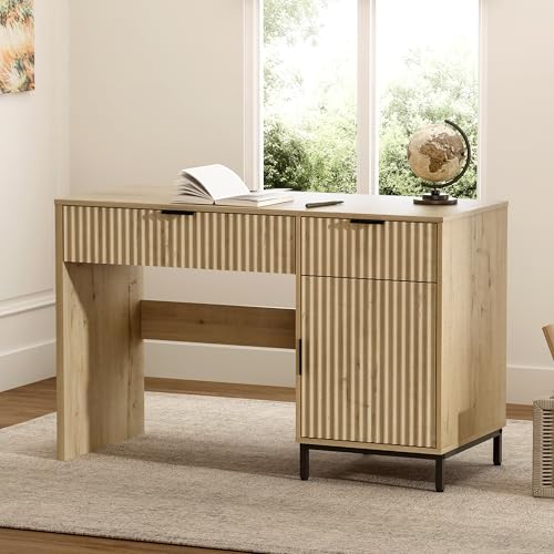EYYTHUNG 47" Fluted Executive Desk, Modern Wood Home Office Desk with Charging Station, Drawer & Cabinet, Computer Writing Desk for Work Study, Light Oak - color: Light Oak