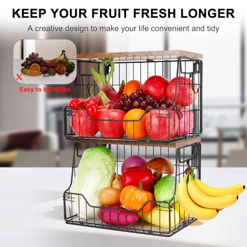 Livabber Fruit Basket for Kitchen, Metal Fruit Vegetable Storage Bin with 2 Banana Hangers, Countertop Wire Basket Organizer for Snack Potato Onion, Screw Mounted or Stand (Black, 2 Pack) - style: 2 Pack