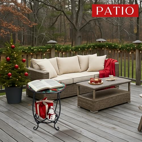 Cinnvoice Outdoor Side Table Round Small Mosaic Patio Accent Indoor End Plant Coffee Tea Table for Yard Patio Porch Garden Living Room, Bedroom(Poinsettia,14 Inch) - size: 14 Inch, style: Poinsettia