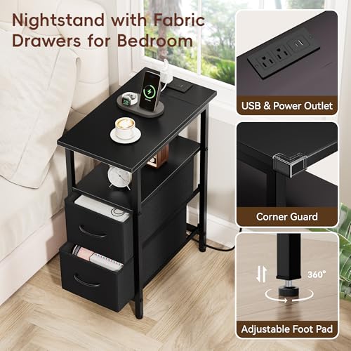 Vagusicc Set of 2 Black Nightstand with Charging Station and LED Lights, Narrow Side Table, LED Night Stand with 2 Fabric Drawers, Bedside Table Small End Table, Tall Nightstand for Bedroom, Black - color: Black, size: 2, style: With LEDs