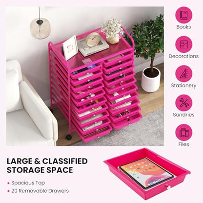 DREAMADE Rolling Cart with Storage Drawers, Utility Cart w/Removable Plastic Drawers, Lockable Wheels, Art Cart for Classroom Organization Art Supplies Office Scrapbook (20 Drawers, Hot Pink) - color: Hot Pink, style: 20 Drawers