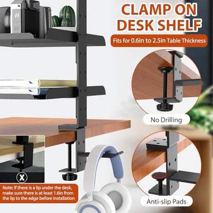 3 Tier Clamp On Desk Shelf, No Drill Desk Extension Shelving Unit with Adjustable Metal Trays & Headphone Stand Above or Under Desk Storage, Heavy Duty Desktop Storage Rack for Home Office