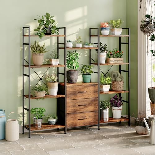 AFLUI Triple Bookshelf with 3 Fabric Drawers, 4-Tier Book Shelf and 10 Display Shelves, Industrial Large Bookcase for Home & Office, Rustic Brown, 59'' Wide - color: Rustic Brown, size: 4 Tier(59" W)