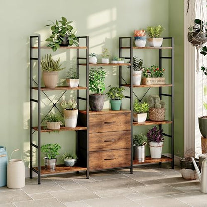 AFLUI Triple Bookshelf with 3 Fabric Drawers, 4-Tier Book Shelf and 10 Display Shelves, Industrial Large Bookcase for Home & Office, Rustic Brown, 59'' Wide - color: Rustic Brown, size: 4 Tier(59" W)