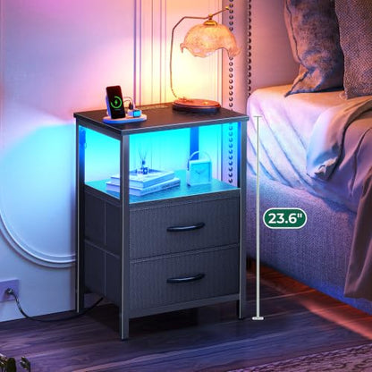 Huuger Night Stand with Charger Station and LED Lights, 2 Drawer Nightstand, Bed Side Table with Open Shelf, End Table, Fabric Drawers for Bedroom, Black - color: Black, size: 11.8"D x 15.7"W x 23.6"H（2 Drawers）