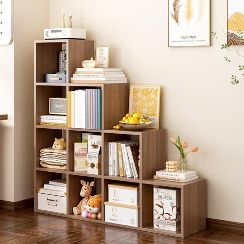 Ladder Cube Storage Bookcase, 10-Cube Corner Shelf, Walnut | Wooden L-Shaped, Reversible 4-Tier Organizer, Fits 11×11" Bins, For Home & Office - color: Walnut, size: 10-Cube