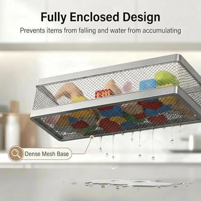 PUSDON 5-in-1 16.5" Extra Long Slim Wall Mount Wrapped Mesh Kitchen Organizer & Shower Caddy Kit, with Paper Towel Holder, Utensil Holder, Soap Dish, Holds 50LBS - Silver Gray, Netting - color: Silver Grey, size: 5-in-1 Full Mesh (16.5" Extra Long)