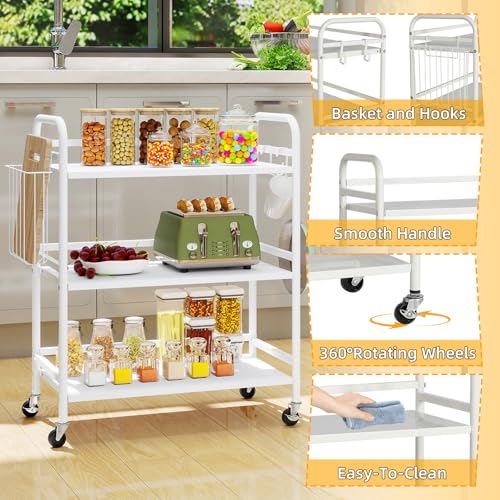 HDANI 3 Tier Metal Rolling Utility Cart,High Capacity Multi Purpose Heavy Duty Cart for Office,Kitchen,Living Room,Bedroom,White - color: White, size: Large with Basket
