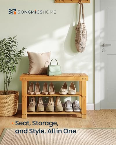 SONGMICS HOME 3-Tier Bamboo Shoe Bench, Shoe Rack, for Entryway Bathroom Bedroom, 11.5 x 27.8 x 18 Inches, Natural - color: Natural