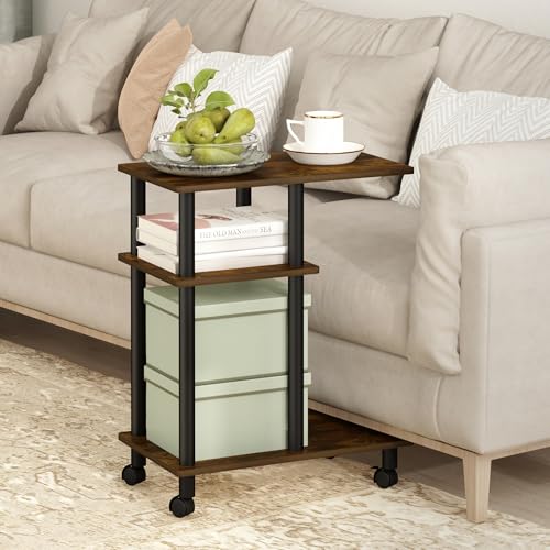 Furinno Turn-N-Tube Side Table, 3-Tier C-Shape End Table with Wheels, Toolless Assembly Night Stand, Bedside Table with Open Shelf, for Living Room, Bedroom, Amber Oak/Black - color: Amber Oak/Black