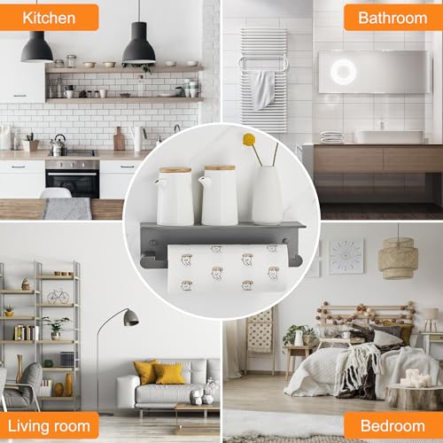 DUFU Paper Towel Holder with Shelf for Kitchen, Grey | Paper Towel Holder Wall Mount for Bathroom, Self-Adhesive Anti-Rust Aluminum, No Drill or Wall-Mounted with Screws - color: Gray