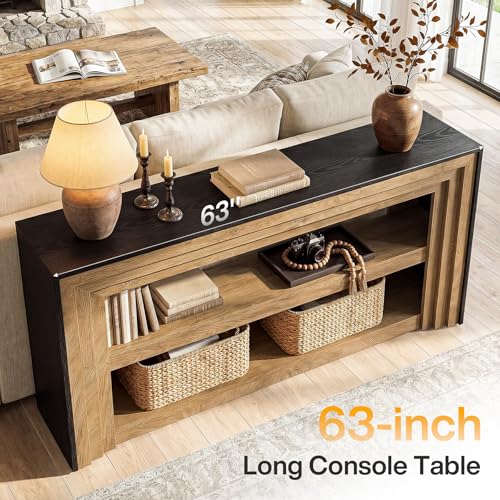 Tribesigns 63" Long Console Table, Farmhouse 3-Tier Entryway Table with Storage, Narrow Wooden Sofa Table Behind Couch, Living Room, Hallway, Foyer, Brown & Black