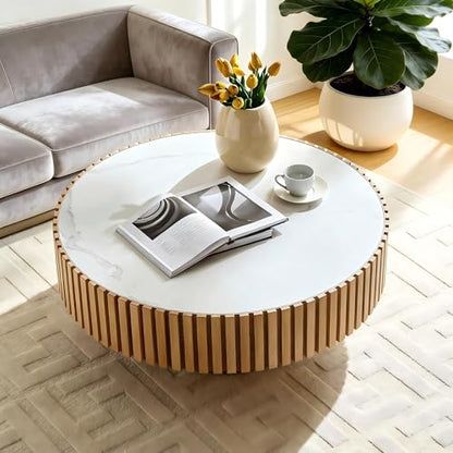 Round Coffee Table Wood Ø35.43'' X 13.77''H Drum Coffee Tables Sintered Stone Tabletop for Living Room Small Space Fluted Circle Cocktail Tea Modern Center Apartment Home Furniture Easy Assembly - color: 35.43 Wood Sintered