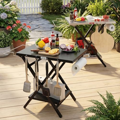 Feasto Outdoor Grill Table, Folding Prep Table, 30" x 24", Black | with Garage Rack & Tissue Holder, Foldable Pizza Oven Stand & Griddle Stand for Gathering and Party - color: Black