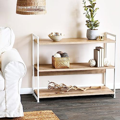 Household Essentials Jamestown Wide 3 Shelf Open Storage Bookshelf Coastal Oak Rustic Wood Grain and White Metal - color: Coastal Oak