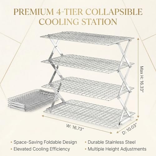 4-Tier Collapsible Cooling Rack for Baking | Adjustable Stackable Wire Rack for Cookies, Cakes & Roasting | Space-Saving Foldable Design for Small Kitchens & Camping (Silver) - color: Silver