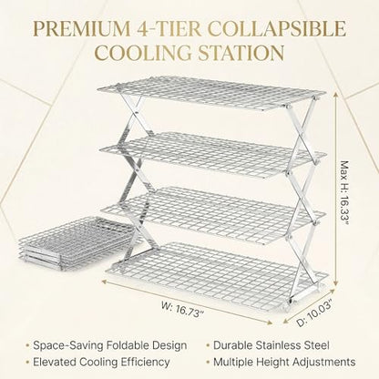 4-Tier Collapsible Cooling Rack for Baking | Adjustable Stackable Wire Rack for Cookies, Cakes & Roasting | Space-Saving Foldable Design for Small Kitchens & Camping (Silver) - color: Silver