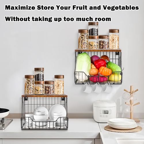 Livabber Fruit Basket for Kitchen, Metal Fruit Vegetable Storage Bin with 2 Banana Hangers, Countertop Wire Basket Organizer for Snack Potato Onion, Screw Mounted or Stand (Black, 2 Pack) - style: 2 Pack
