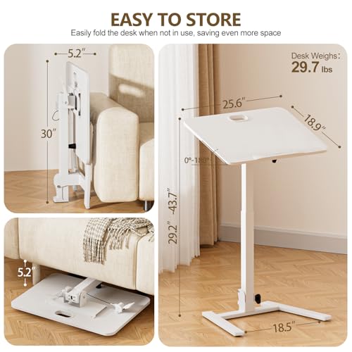 25 Inch Mobile Foldable Standing Desk for Home Office, White | 180 Tiltable Desktop, Height Adjustable, No Assembly Computer Workstation, Portable Rolling Laptop Table, Sit-Stand Desk - color: White