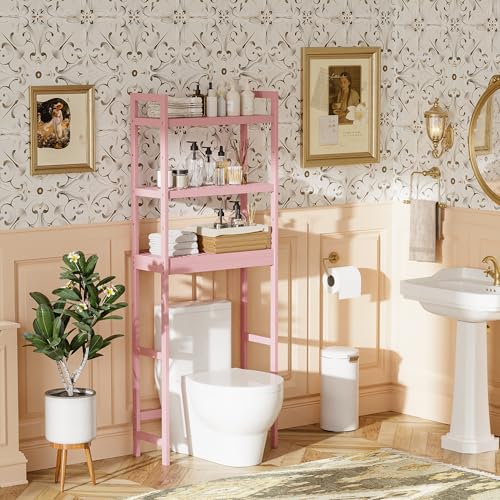 SMIBUY Bathroom Storage Shelf, Bamboo Over-The-Toilet Organizer Rack, Freestanding Toilet Space Saver with 3-Tier Adjustable Shelves (Pink) - color: Pink