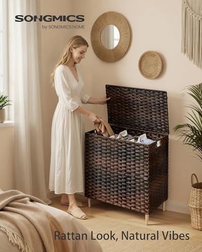 SONGMICS 3-Section Laundry Hamper with Lid, 42.2 Gal (160L) PE Rattan Laundry Basket with Removable Washable Liners, for Bedroom & Living Room, Chestnut Brown ULCB223ME01 - color: Chestnut Brown, size: 160 L (3 Basket)