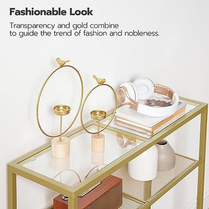 HOOBRO 29.5" Narrow Console Table, 3-Tier Tempered Glass Sofa Table, Modern Entryway Table, for Entrance, Living Room, Foyer, Hallway Bedroom, Gold GD21XG01G1 - color: Gold