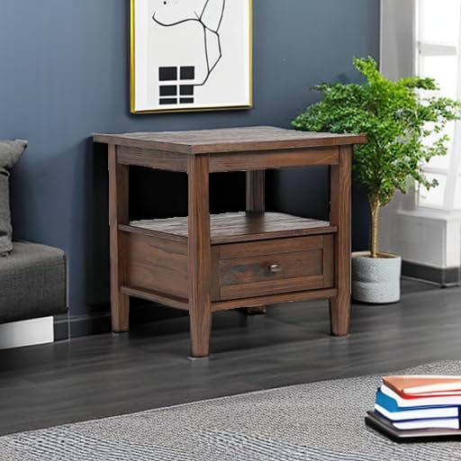 SIMPLIHOME Warm Shaker End Table - 20" Wide x 20" High Solid Wood Side Table in Distressed Charcoal Brown, Transitional Accent Table for Living Room with Drawer, Open Shelf and Square Tapered Legs - color: Distressed Charcoal Brown, size: 20 inch, style:
