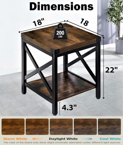 Industrial End Table for Living Room, 18" Large Square Side Table with 2-Tier Storage Shelf, X-Design Metal Frame, Rustic Brown Modern Farmhouse Nightstand Bedside Table for Bedroom Office