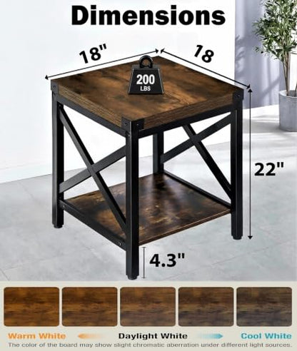 Industrial End Table for Living Room, 18" Large Square Side Table with 2-Tier Storage Shelf, X-Design Metal Frame, Rustic Brown Modern Farmhouse Nightstand Bedside Table for Bedroom Office