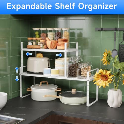 Expandable Cabinet Shelf Organizer, Stackable Kitchen Pantry Counter Storage, Adjustable Closet Cupboard Stand Rack Risers Spice Organization 80LBS Heavy Duty White Small 1 Pack - color: White Small