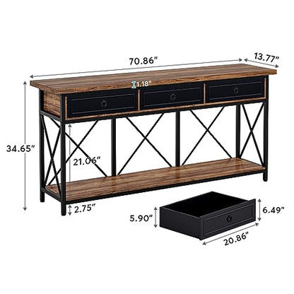 Tribesigns 70.8" Console Table with 3 Drawers, Farmhouse Entryway Table with Storage Shelf, Narrow Long Sofa Foyer Table for Entryway, Hallway (Brown/Black) - color: Brown/Black