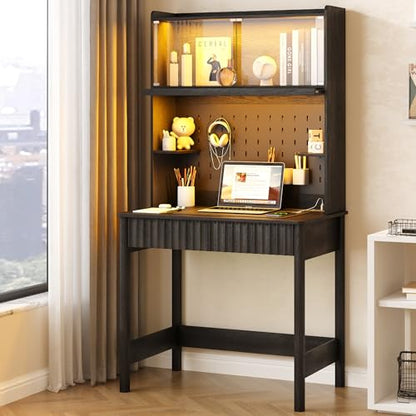 Lvifur 31.5" Small Study Desk with - Drawer & Hutch,Computer Desk with Charging Station,Compact Writing Desk with LED Reading Lights,Home Office Desks for Small Spaces,Bedroom Study Room,Black - color: Black