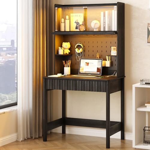 Lvifur 31.5" Small Study Desk with - Drawer & Hutch,Computer Desk with Charging Station,Compact Writing Desk with LED Reading Lights,Home Office Desks for Small Spaces,Bedroom Study Room,Black - color: Black