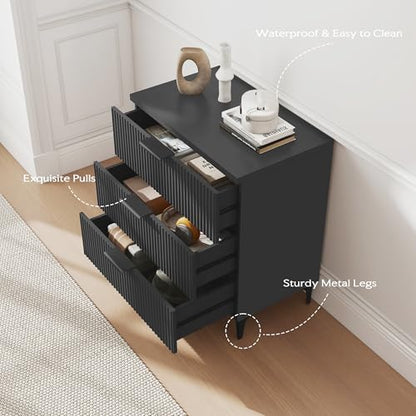 25.6" W Black Fluted Nightstand with 3 Drawer, Modern Wood Night Stands | Bedside Table for Bedroom King/Queen Bed, End Table with Robot-friendly Legs for Living Room,Entry - color: 3 Drawers-1pcs-black