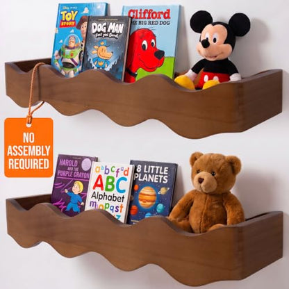 Ovalo Nursery Book Shelves Set of 2 - Solid Pine Wood Nursery Bookshelf, Floating Nursery Shelves for Wall, Wall Bookshelf for Kids Room, No-Assembly Wall Mounted Baby Book Shelf. (Walnut Brown) - color: Walnut Brown