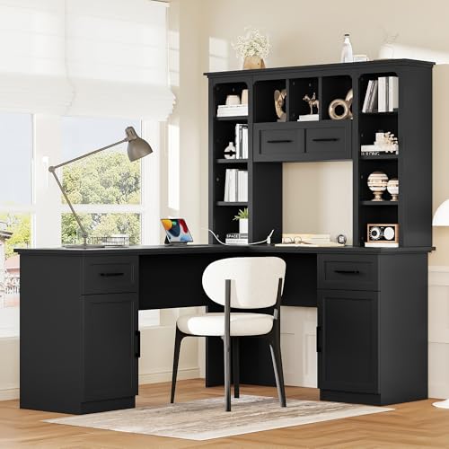 Bellemave L-Shaped Computer Desk with Drawers, Hutch and Bookshelf, Home Office Desk, Corner Gaming Computer Desk with Power Outlet, Study Table Writing Desk, Black - color: Black