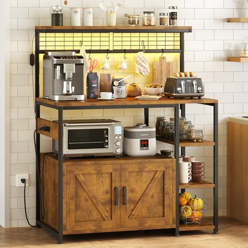 TVU Bakers Rack with Power Outlet and LED Light, Microwave Stand with Storage Cabinet, Coffee Bar Cabinet Station with 6 Hooks for Kitchen, Dining Room, Living Room, Coffee Bar, Rustic Brown, Black - color: Rustic Brown + Black