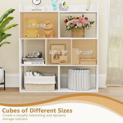 Tangkula 7-Cube Bookshelf, Floor Standing Open-Back Bookcase with Anti-Toppling Devices, Wooden Geometric Bookshelf, 4-Tier Storage Display Shelf for Living Room, Study, Office (1, White)