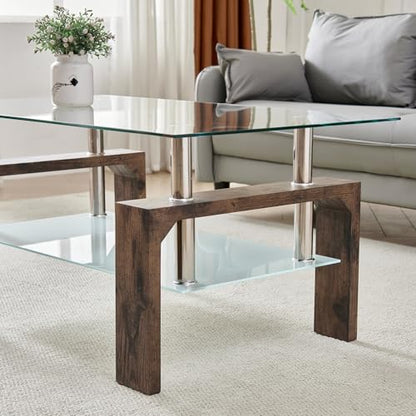 Living Room Rectangle Coffee Table, Tea Table Suitable for Waiting Room, Modern Side Coffee Table with Wooden Leg, Glass Tabletop with Lower Shelf.(brown) - color: Brown