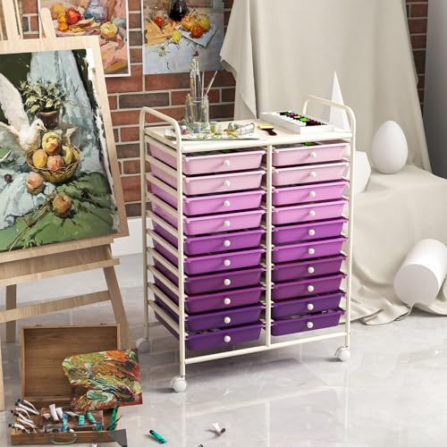 DREAMADE Rolling Cart with Storage Drawers, Utility Cart w/Removable Plastic Drawers, Lockable Wheels, Art Cart for Classroom Organization Art Supplies Office Scrapbook (20 Drawers, Purple Gradient) - color: Gradient Purple, style: 20 Drawers