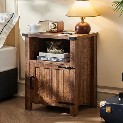Joaxswe Night Stand with Charging Station and USB Port, 18 Inch Farmhouse Nightstand with Storage Shelf, Rustic Wood Bedside Table with Magnetic Door, Bed Side Tables for Bedroom, Reclaimed Barnwood - color: Reclaimed Barnwood Color