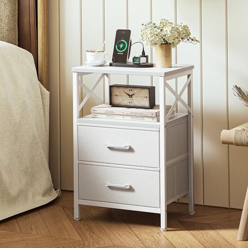 Huuger Nightstands Set of 2, Night Stand with Charger Station, 2 Drawer Side Table with Open Shelf, USB-C Port, End Table for Small Spaces, X Shaped Side Rail, White - color: White