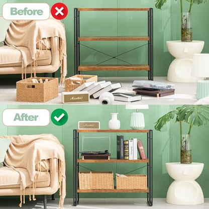 HCHQHS Bookshelf, 3-Tier Industrial Bookcase, Rustic Open Book Shelf, Freestanding Horizontal Bookshelves with Metal Frame - color: Rustic Brown, size: 3-Tier (31.5"W x 33.5"H)